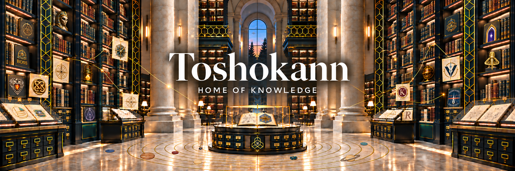 Toshokann, Home of Knowledge: a grand library with gold kumiko panels and a solar-system floor inlay